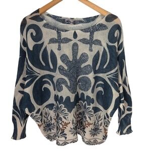 Tina Stephens Made in Italy Blue White Floral Damask Dolman Knit Top O/S